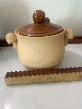 🍄 Mushroom pot with lid Oven Proof Japan with mushroom handles vintage